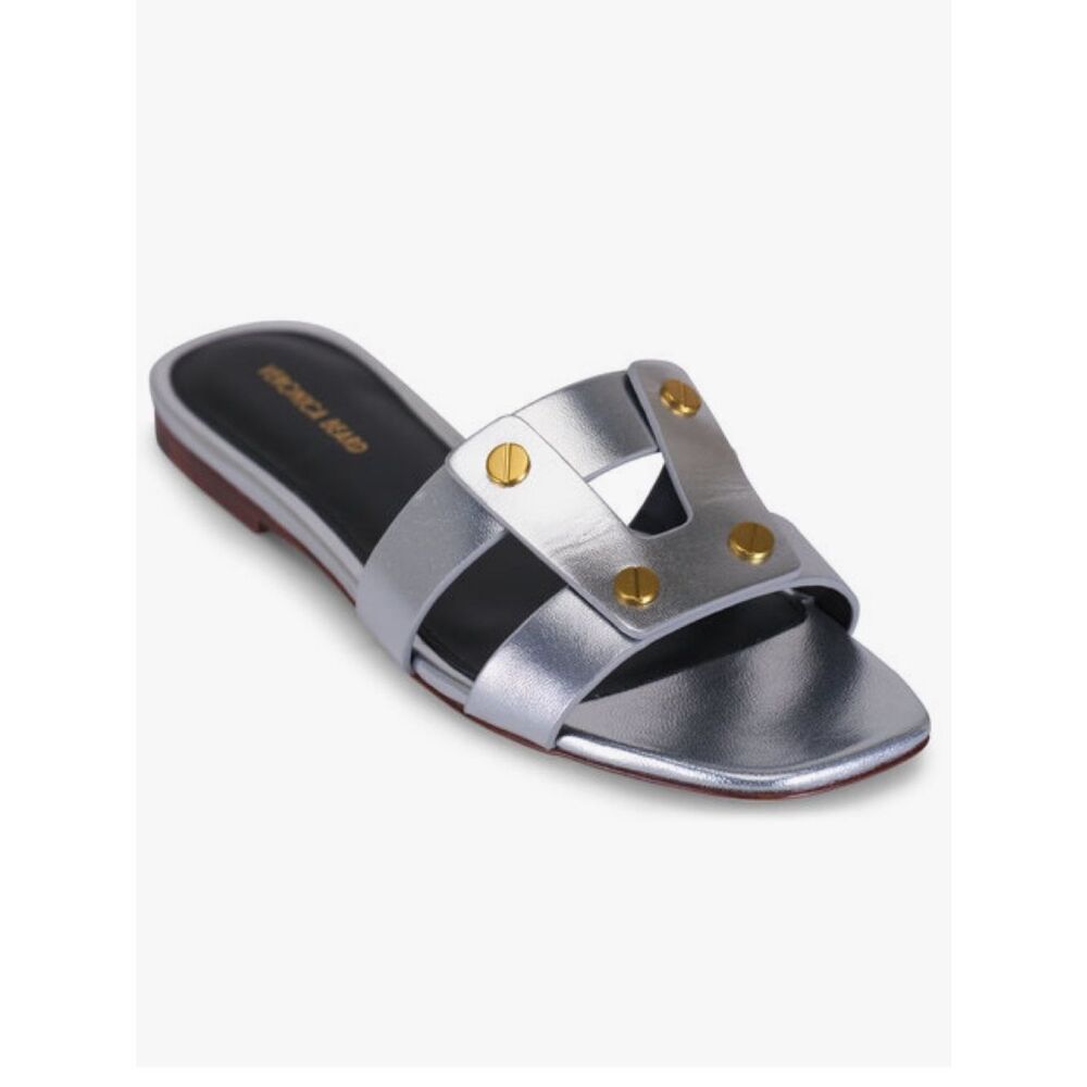 Veronica Beard Via Slide Sandals Silver Metallic Leather Studded Flat Slides 7